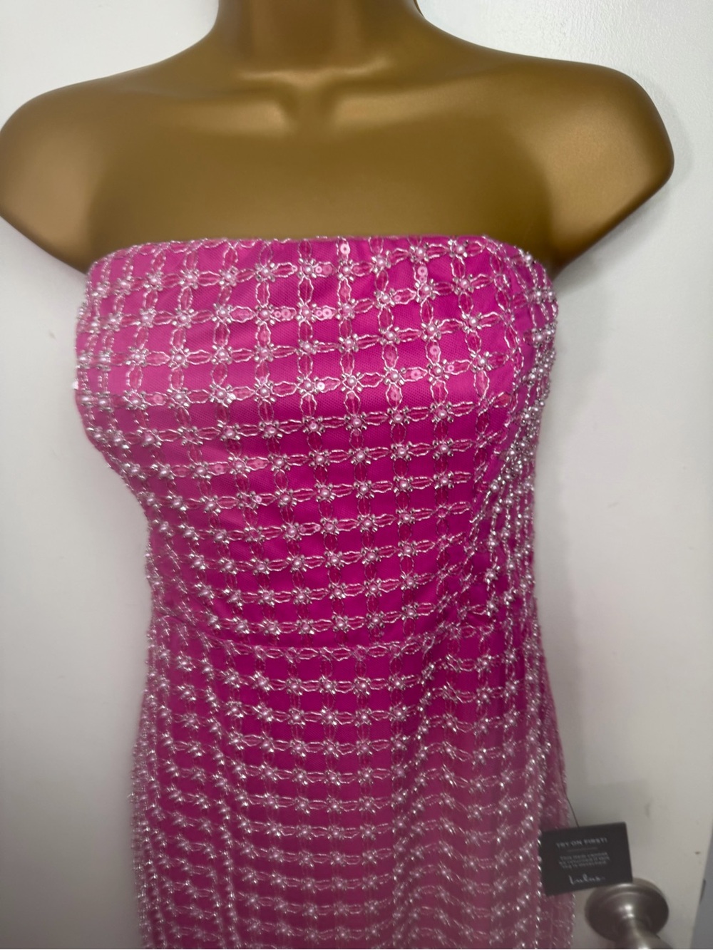 Perfectly Pink Luxurious Mesh Pearl Sequin Strapless Column Maxi Dress NWT Sz S - Picture 11 of 16